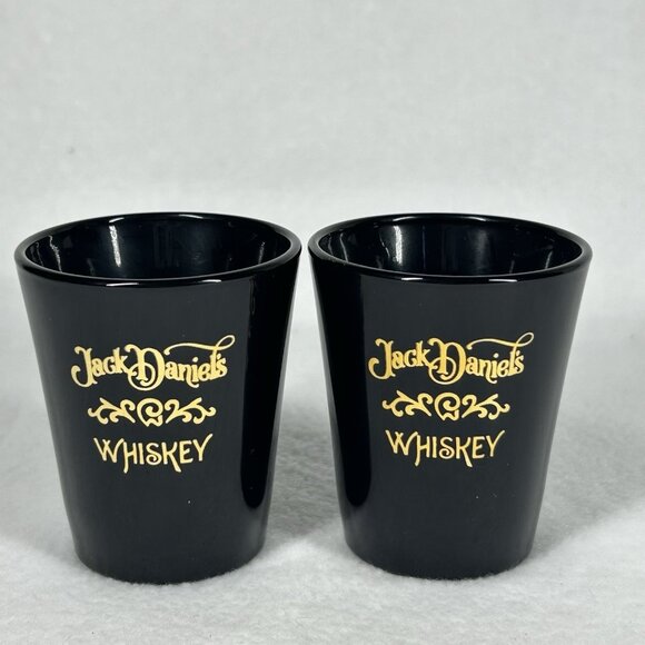 Set 2 Jack Daniels Shot Glasses Tennessee Whiskey Black Gold Script LIbbey Glass - Picture 1 of 2